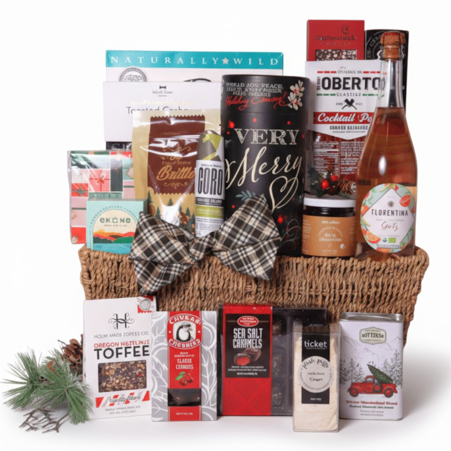Christmas Gift basket with Seattle snacks and products on a white background