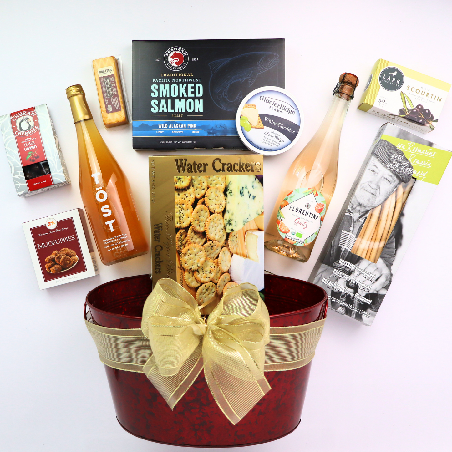 Non-Alcoholic Wine Basket Luxurious faux leather gift basket featuring non-alcoholic sparkling beverages, artisan cheese made in WA, smoked salmon, and gourmet snacks for a refined and thoughtful gift.