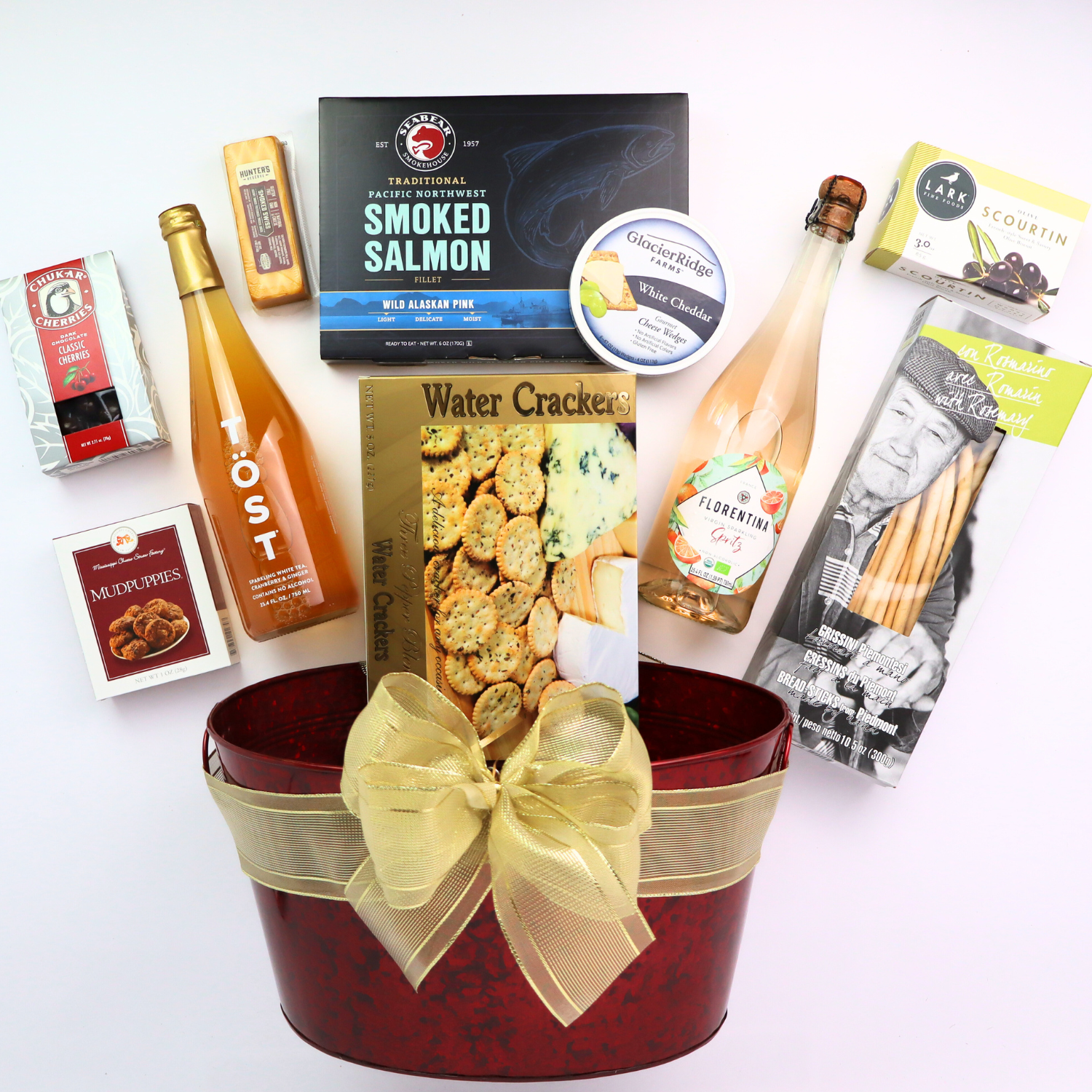 Non-Alcoholic Wine Basket Luxurious faux leather gift basket featuring non-alcoholic sparkling beverages, artisan cheese made in WA, smoked salmon, and gourmet snacks for a refined and thoughtful gift.