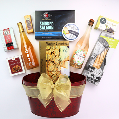 Non-Alcoholic Wine Basket Luxurious faux leather gift basket featuring non-alcoholic sparkling beverages, artisan cheese made in WA, smoked salmon, and gourmet snacks for a refined and thoughtful gift.