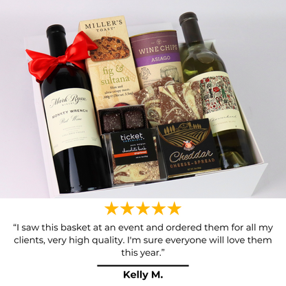 Northwest Elegance wine gift box with 5 star review that says "I saw this basket at an event and ordered them for all of my clients, very high quality.  I'm sure everyone will love them this year."