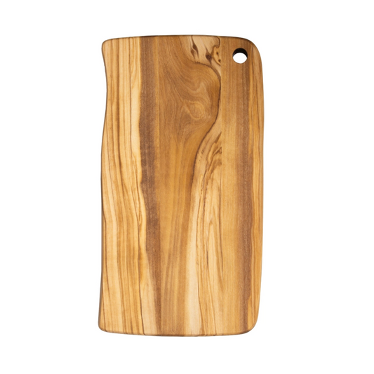 Olive wood charcuterie and cutting board with natural grain and hanging hole, rustic serving board for cheese and appetizers.