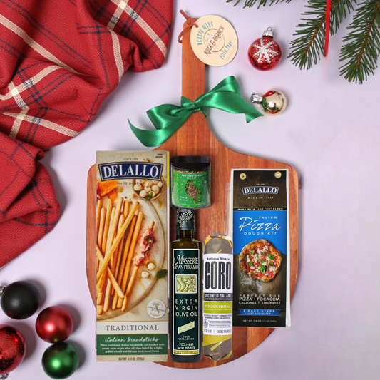 pizza night family gift basket with pizza peel, dough, salami, olive oil and seasonings