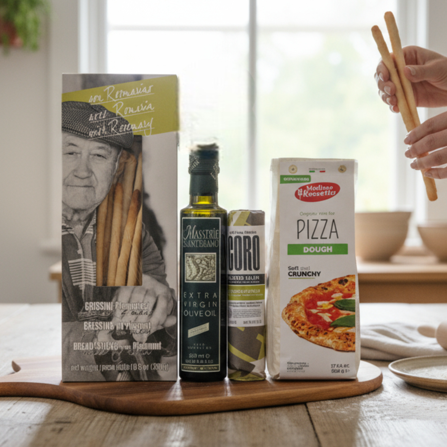 pizza night family gift set with pizza peel, olive oil, crackers, pizza dough, seasoning and salami