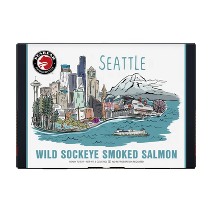 Seattle gift box featuring SeaBear Wild Sockeye Smoked Salmon, a Pacific Northwest specialty perfect for gift baskets and gourmet gifts.