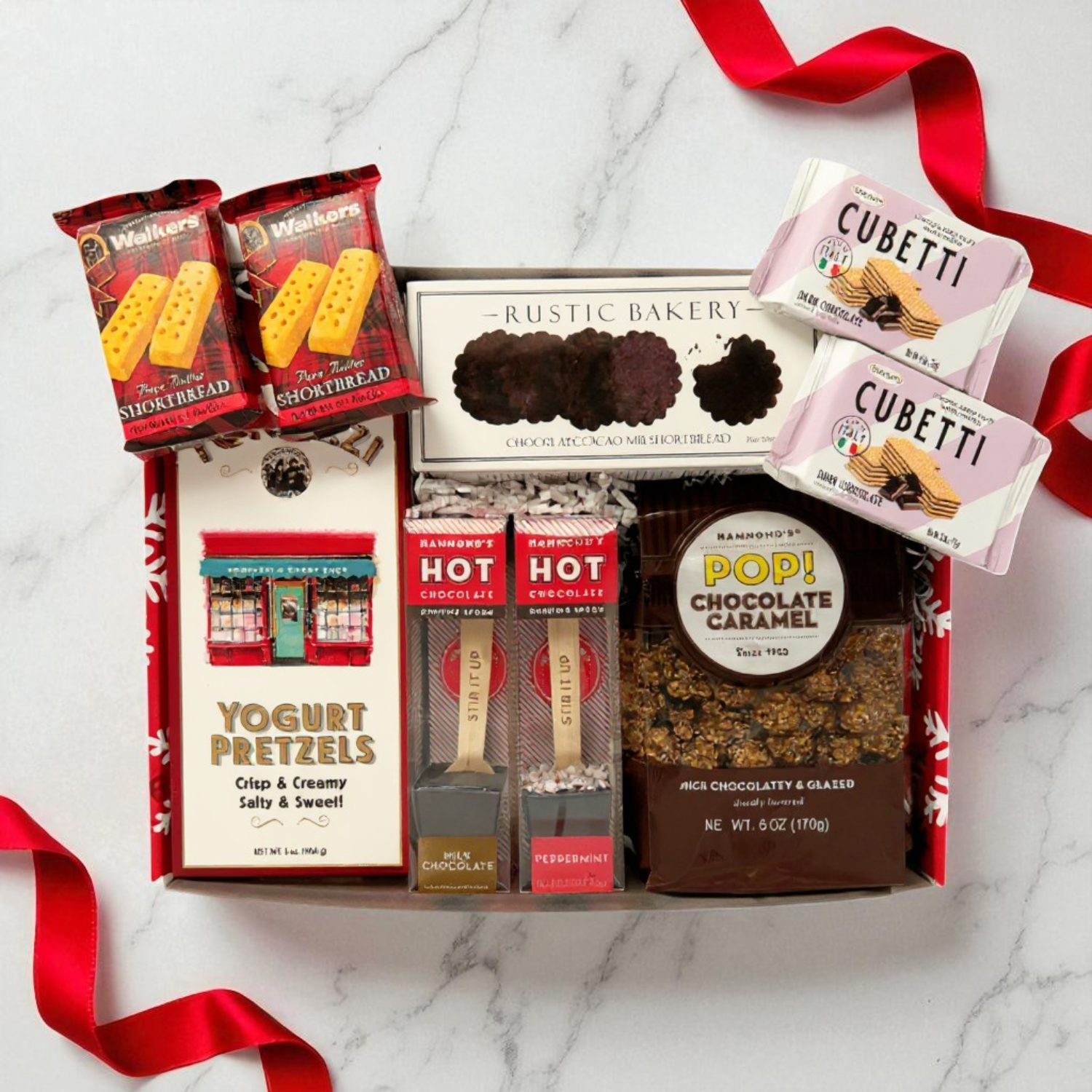 Employee Gift: Christmas snack and cocoa gift box with popcorn, cookies, cocoa, yogurt pretzels and wafer cookies in a decorative holiday gift box.  Made in Washington