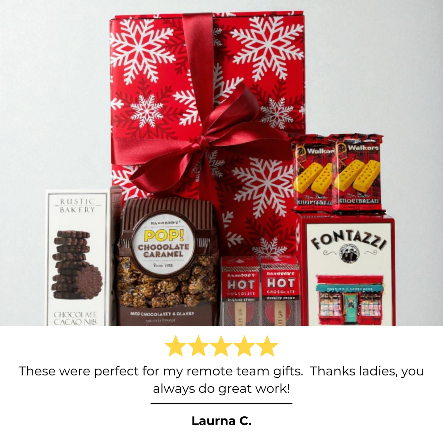 team gift box with holiday snacks and 5 star review