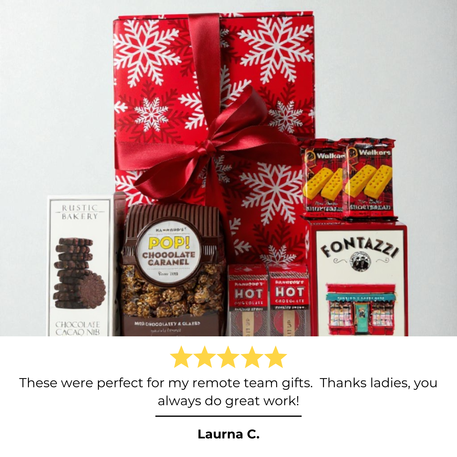 team gift box with holiday snacks and 5 star review