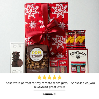 team gift box with holiday snacks and 5 star review