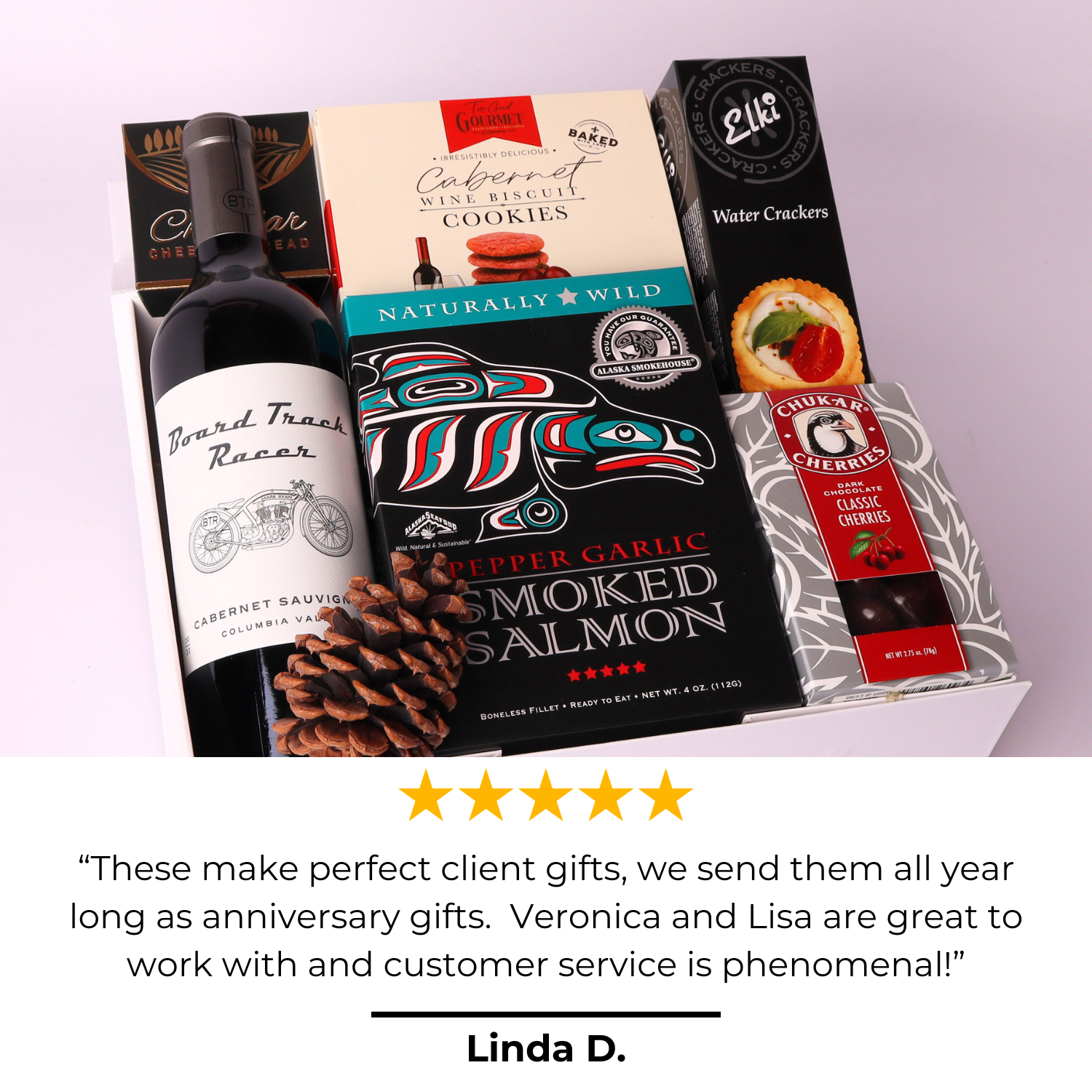 Taste of Washington wine and snack gift box with a 5 star review that says These make perfect client gifts, we send them all year long as anniversary gifts.  Veronica and Lisa are great to work with and customer service is phenomenal!