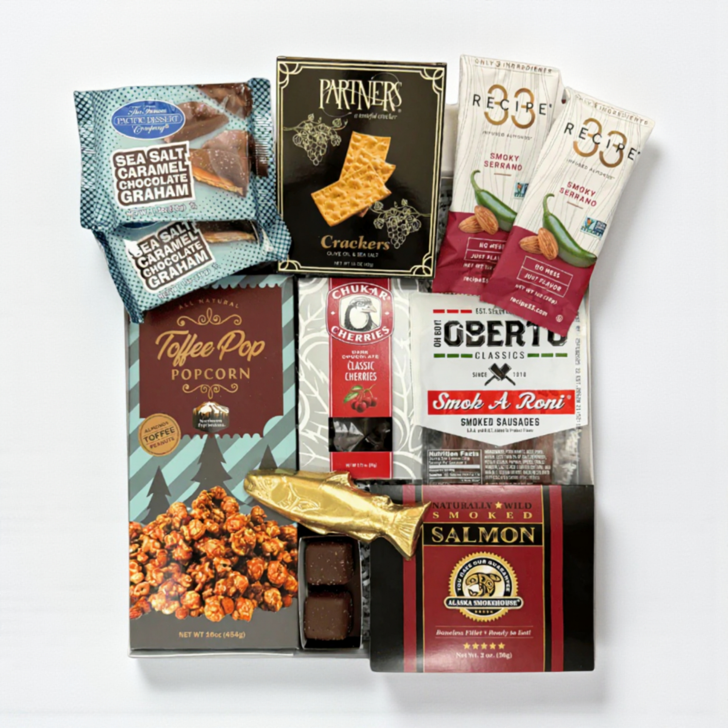 snack box filled with snacks made in WA.  The gift box includes: smoked salmon, pepperoni sticks, raosted nuts, crackers chocolate cherries and a solid chocolate salmon