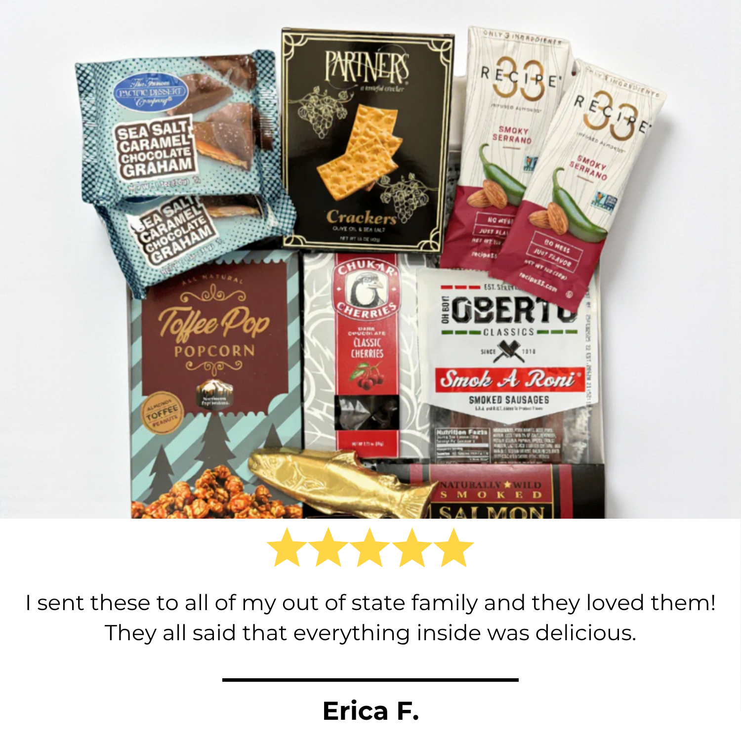 snack box filled with snacks made in WA.  The gift box includes: smoked salmon, pepperoni sticks, raosted nuts, crackers chocolate cherries and a solid chocolate salmon