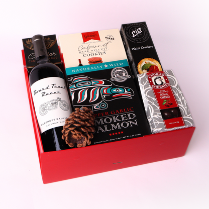 holiday wine and snack gift box including mark ryan red wine, wine biscuts, smoked cheese, crackers, smoked salmon and chocolate caramels