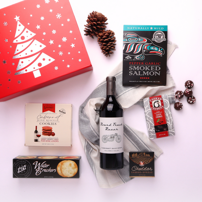 corporate Christmas holiday wine and snack gift box including mark ryan red wine, wine biscuts, smoked cheese, crackers, smoked salmon and chocolate caramels
