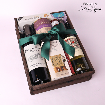 Washington Wine and Snack Tray featuring mark ryan cabernet sauvignon, pinot gris, blue cheese crackers, wine chips and more.  Wrapped in a wooden crate with a satin bow. 