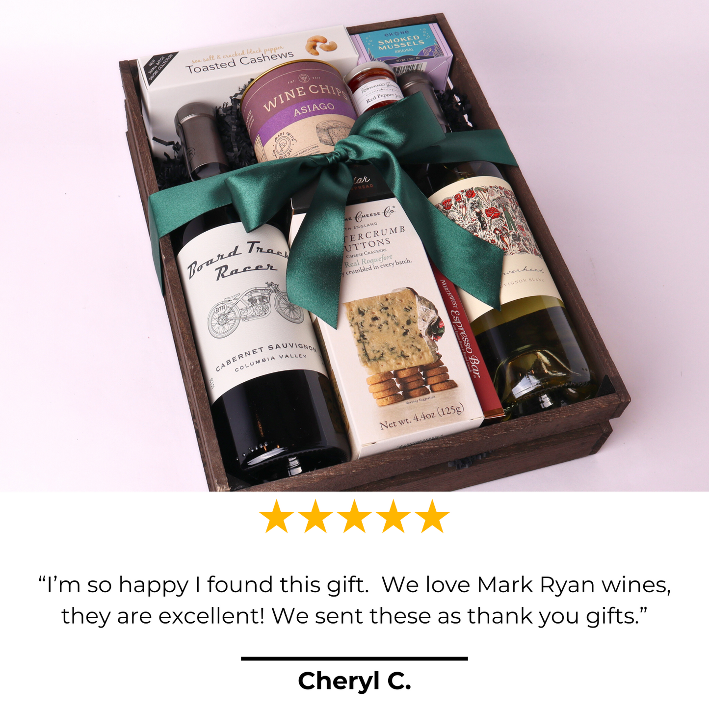 Washington wine and snack gift tray set with a 5 star review stating that the customer was very excited to find gifts featuring mark Ryan wine because of the quality and they were used as client thank you gifts locally in the Pacific Northwest.