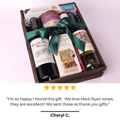 Washington wine and snack gift tray set with a 5 star review stating that the customer was very excited to find gifts featuring mark Ryan wine because of the quality and they were used as client thank you gifts locally in the Pacific Northwest.