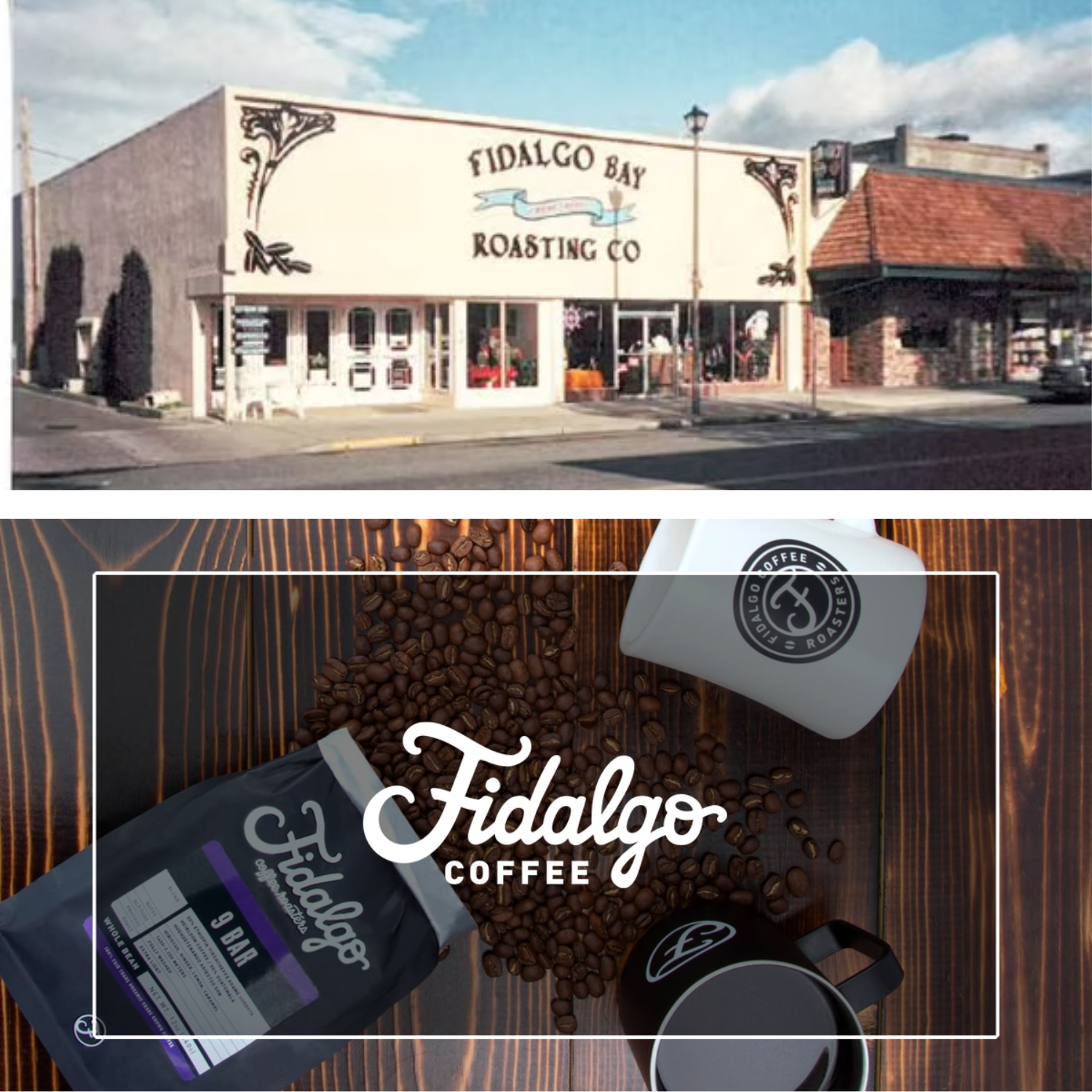 fidalgo coffee roasters original building in burlington, wa.  along with coffee beans and a bag of coffee for pacific northwest gift boxes