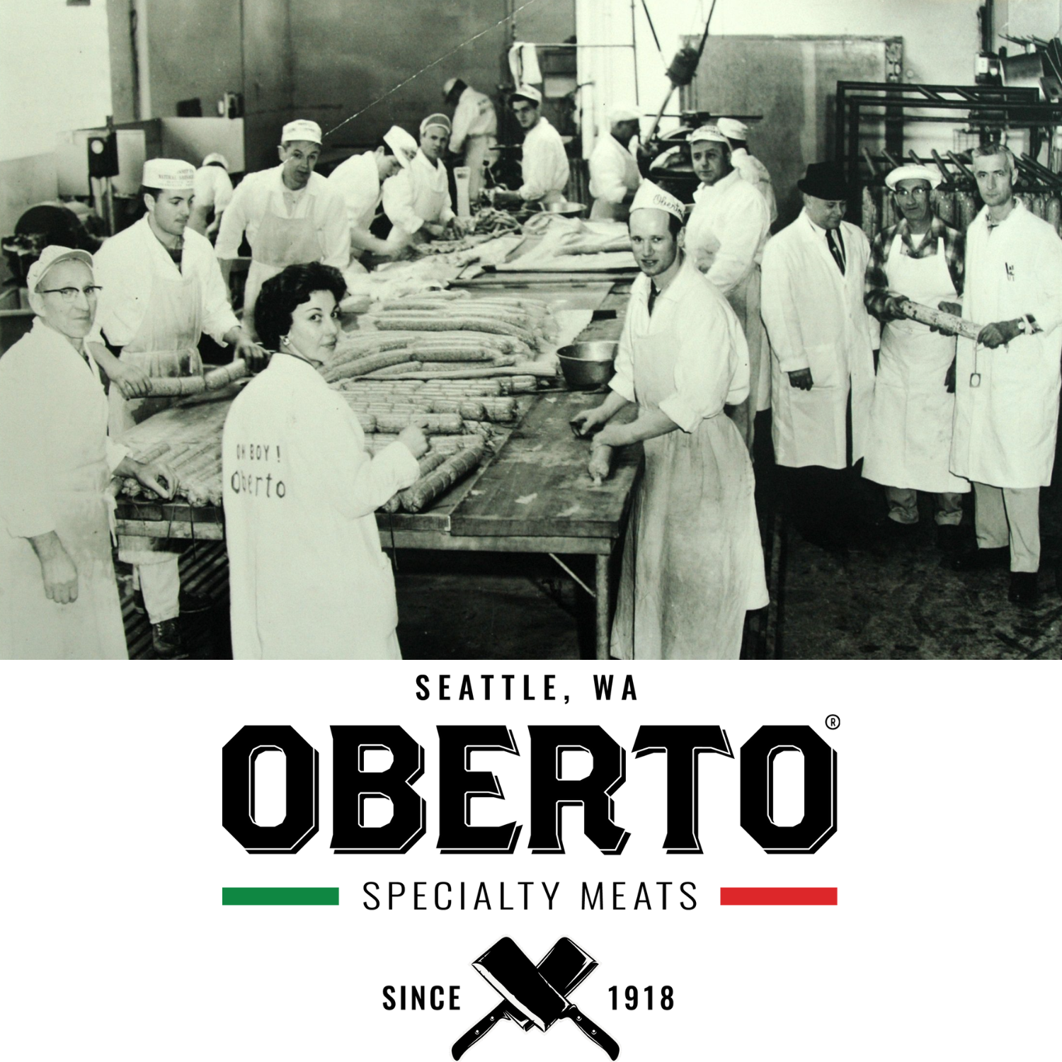 Historic black and white photo of workers in a meat processing plant with Oberto Specialty Meats branding.