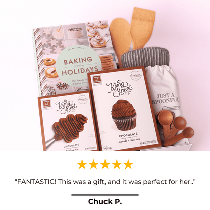 Baking For The Holidays gift box with kitchen items and holiday cook book with a 5 star review that the client enjoyed her gift