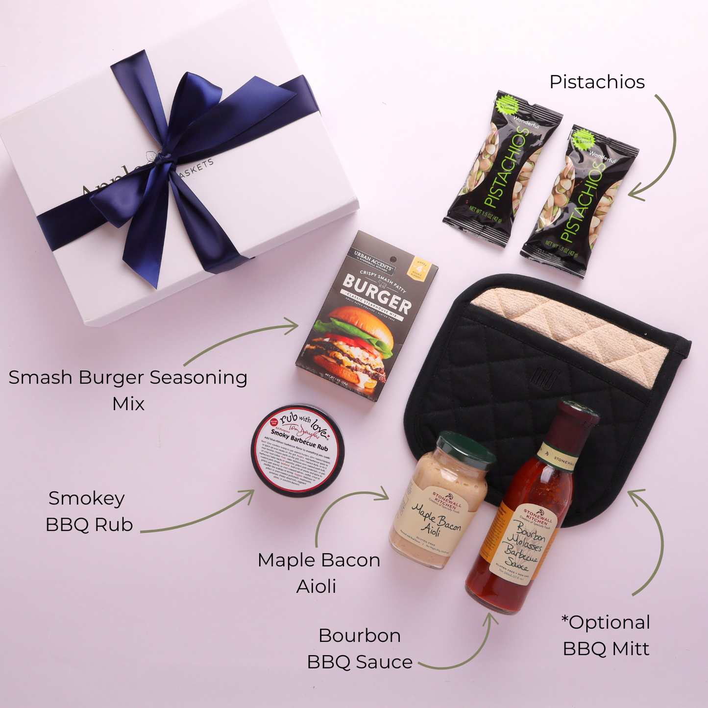 Flat lay view of the Summer BBQ gift set featuring smash burger mix, aioli, BBQ sauce, and Seattle-made rub.