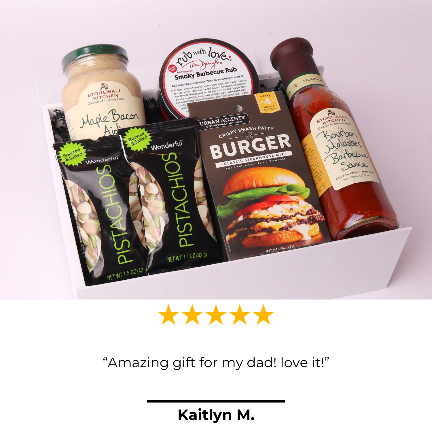 Happy customer review of the Summer BBQ gift basket, perfect for Father's Day or grill enthusiasts.