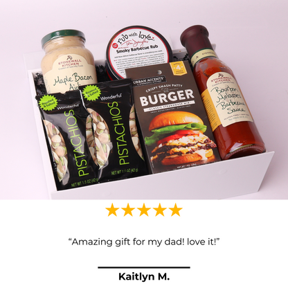 Happy customer review of the Summer BBQ gift basket, perfect for Father's Day or grill enthusiasts.