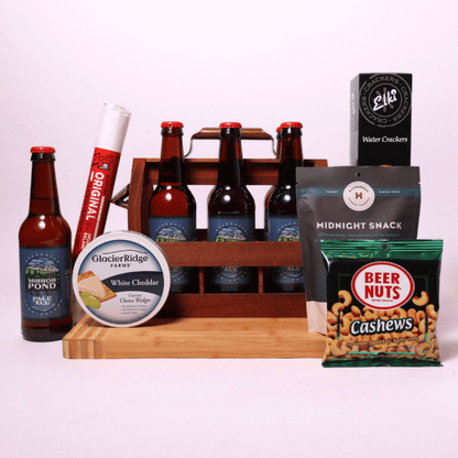 PNW Beer and Snack Crate filled with Mirror Pond Pale Ale, Beer Nuts, gourmet snack mix, cheese wedges, salami stick, and crackers in a wooden crate with a bottle opener.