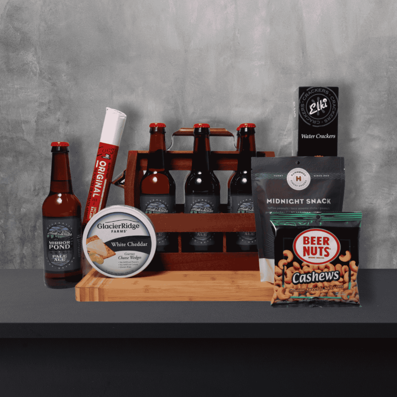 Local Beer and Snack Crate including six bottles of Mirror Pond Pale Ale with assorted snacks, all neatly packed in a wooden crate with a built-in bottle opener.