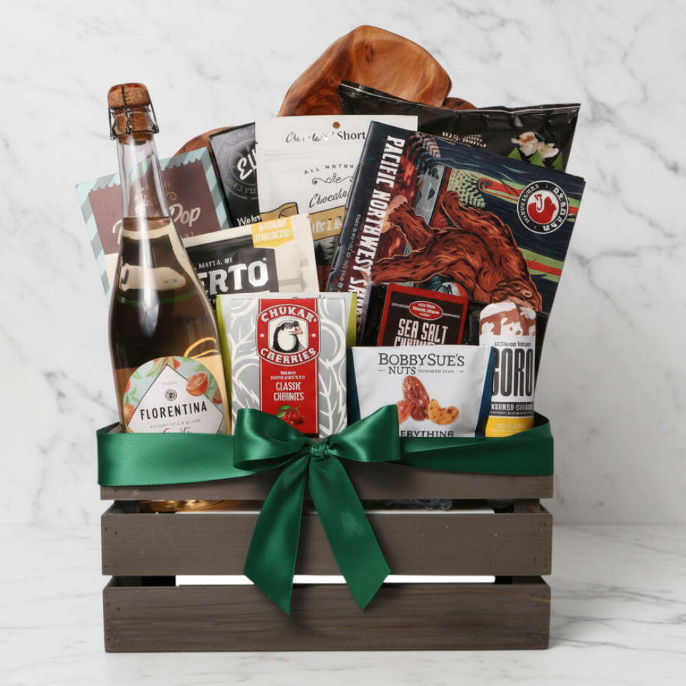 A beautifully curated Best of the Northwest gift basket filled with premium regional snacks, including smoked salmon, chocolates, nuts, and a bottle of Florentina spritz, elegantly wrapped in a wooden crate with a green ribbon.