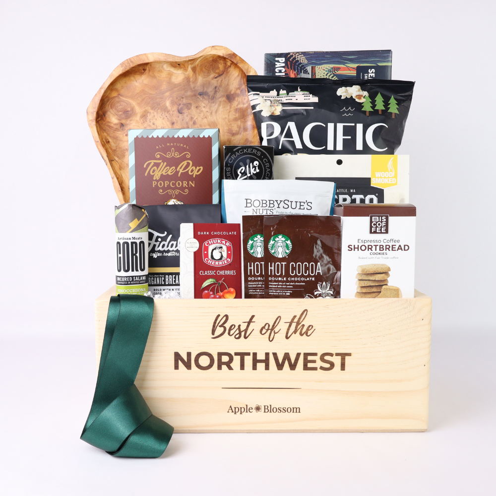 best of the northwest gift basket with seattle snacks, smoked salmon, pacific popcorn, coro salami, chukar cherries and hand carved serving tray