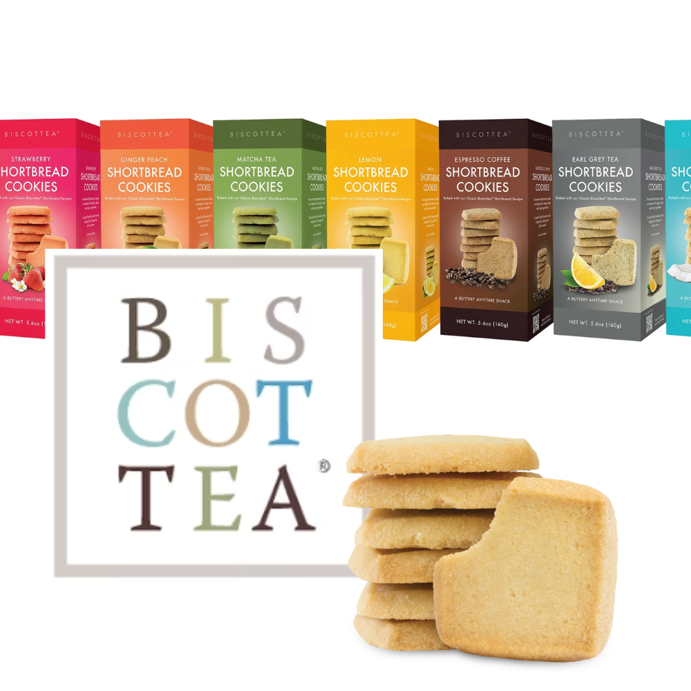 Biscot Tea shortbread cookies with packaging and a framed 'Biscot Tea' sign.  Biscotti tea cookies made in Seattle, WA.