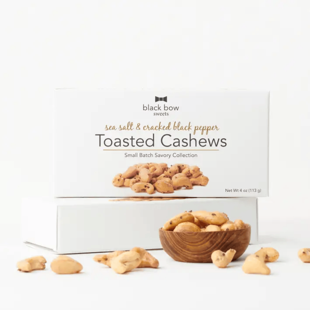 sea salt and cracked black pepper toasted cashews 4oz. box.  handmade in small batched by black bow sweets