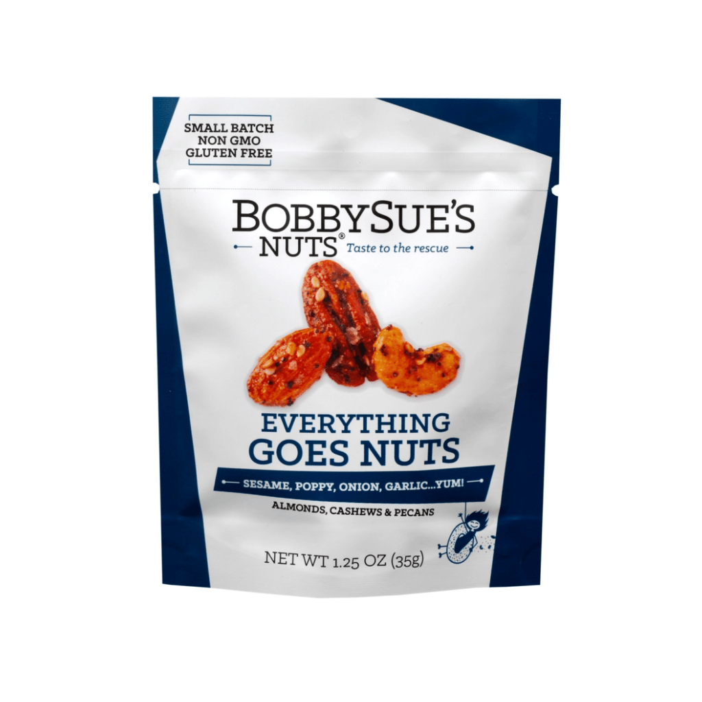 bobby sues everything goes mixed nuts snack pack 1.25oz.  sesame, poppy, onion, garlic, almonds, cashews and pecans.  Made in WA