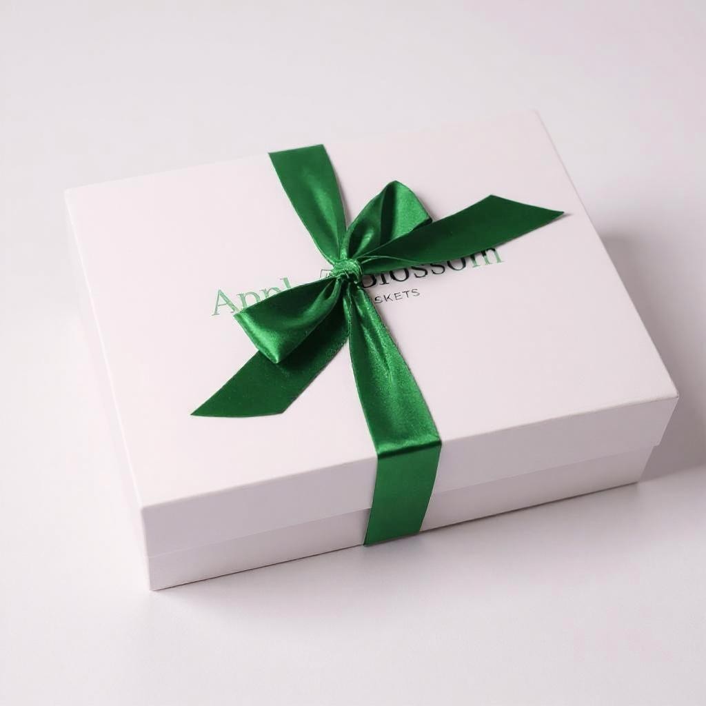 White gift box with a green ribbon on a white background