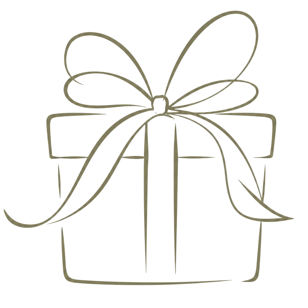 Elegant luxury gift box icon in minimalist script-style line art, featuring flowing ribbon details and sophisticated curves, premium boutique aesthetic, monochrome olive green #838263 on white background, refined and stylish for upscale gifting brand.