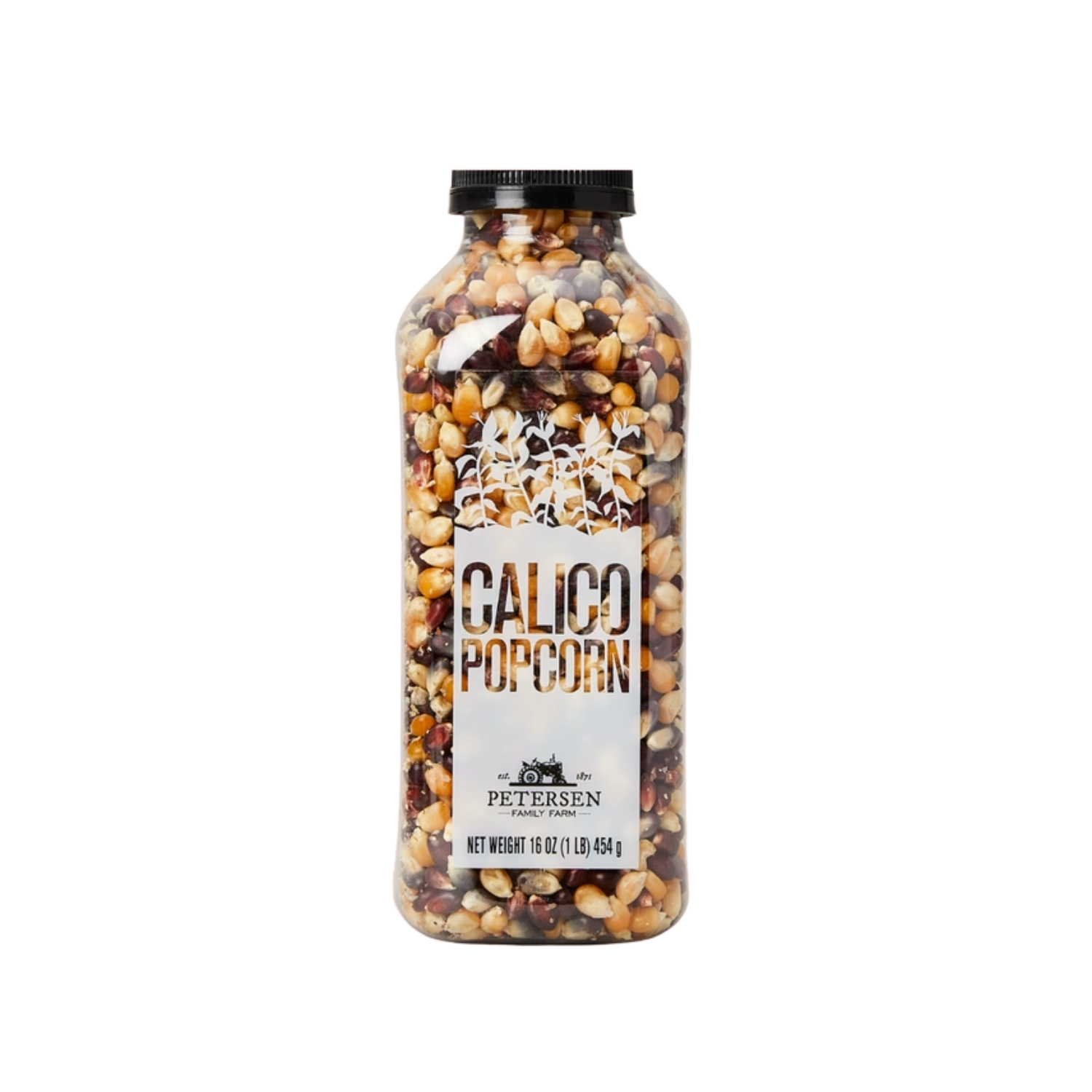 Bottle of Calico Popcorn seed with visible label on a white background