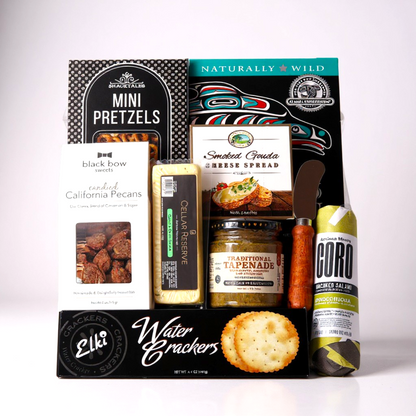 Seattle-made charcuterie gift box with uncured salami, smoked salmon, and savory treats. An ideal corporate gift, holiday gift, or snack basket for client appreciation, family gatherings, or special occasions.