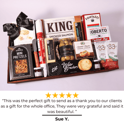 Unique wooden gift tray filled with gourmet charcuterie snacks like smoked Gouda, artisan salami, and dipping pretzels—a unique corporate or client gift showcasing Washington-made products.
