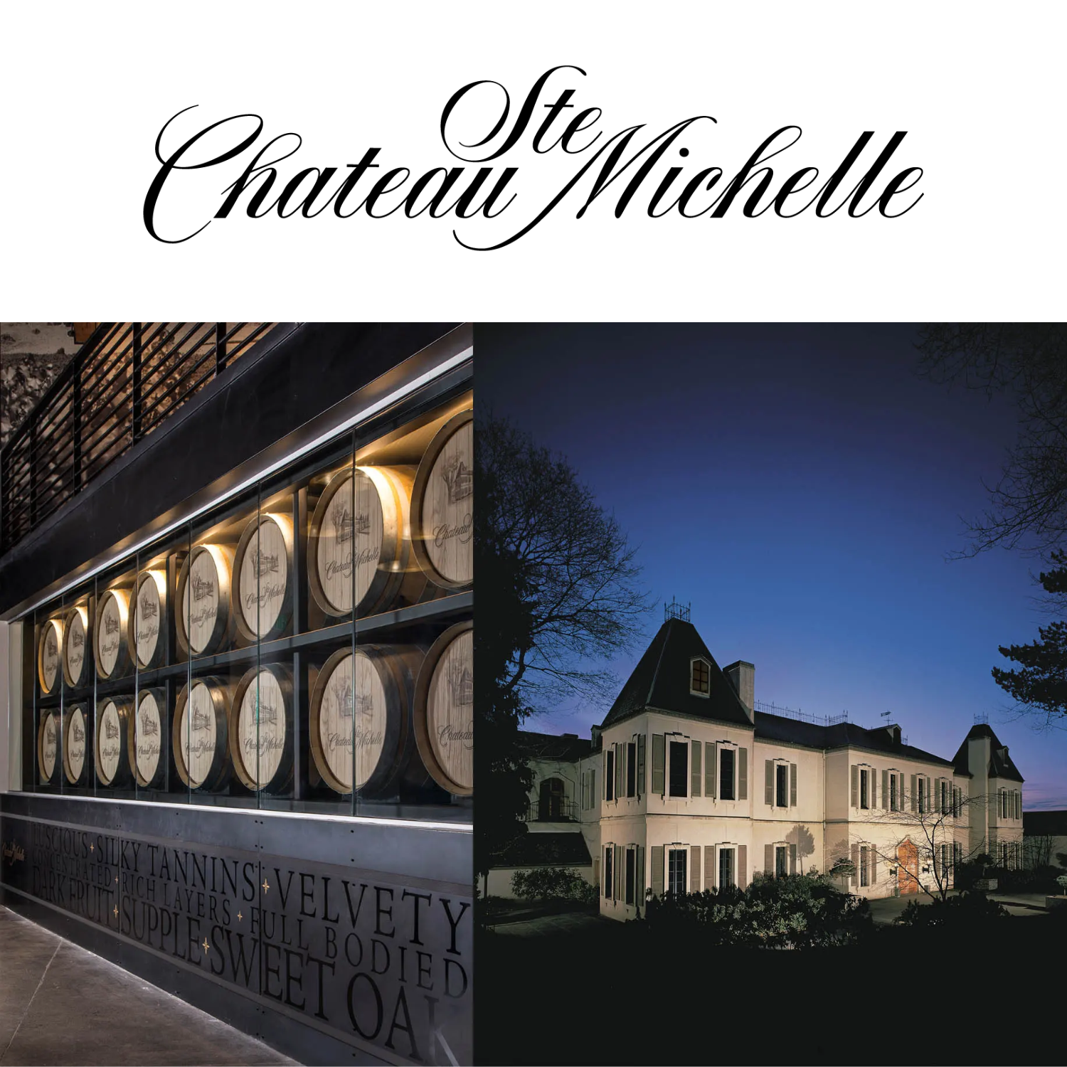 Collage of wine barrels and a chateau with 'Ste Chateau Michelle' winery in Woodinville, Wa.