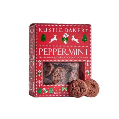 Red box of Rustic Bakery peppermint and dark chocolate cookies with Christmas-themed design.