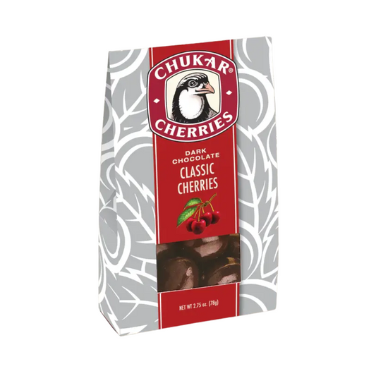 Chukar Cherries dark chocolate classic cherries packaging on a white background