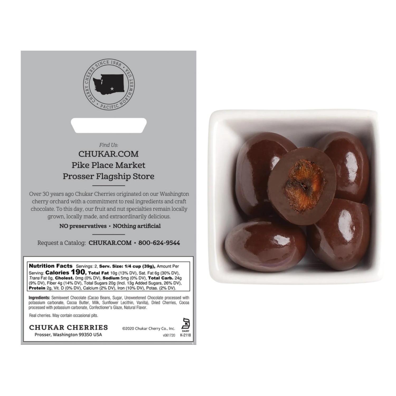 Packaged Chukar Cherries with label on a white background