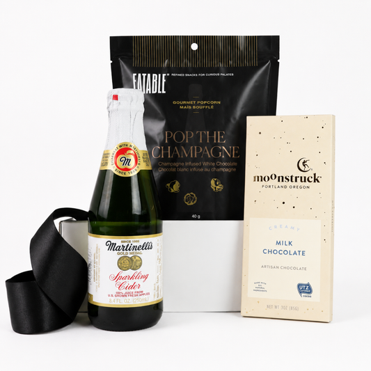 Alcohol-free corporate celebration gift with Martinelli’s cider, gourmet popcorn and Moonstruck chocolate