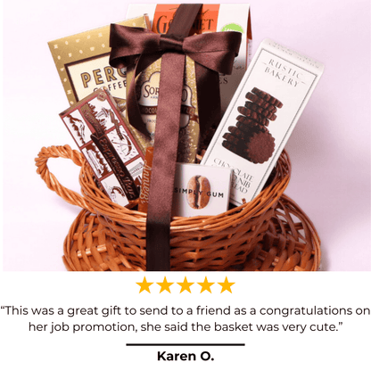 Coffee Lovers Gift Baskets includes: gourmet coffee, espresso chocolate bar, coffee gum, Seattle chocolate espresso truffles, mug cake, cookies and coffee candy all assembled in a wicker coffee cup basket made in Washington by Apple Blossom Gift Baskets 