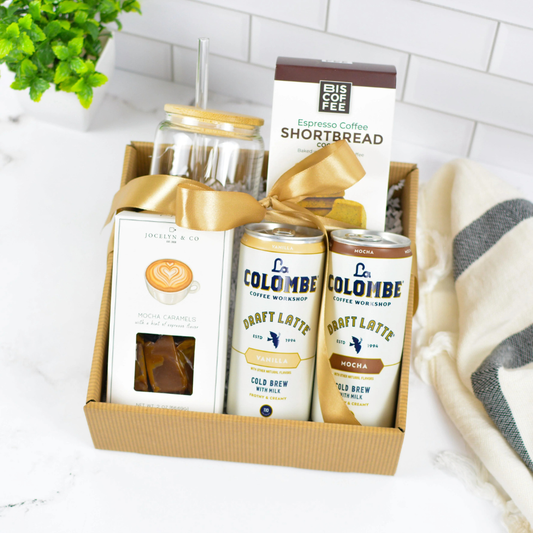 Cold brew and cookie coffee gift box with glass cup, bamboo lid, caramels, and Washington-made espresso shortbread cookies