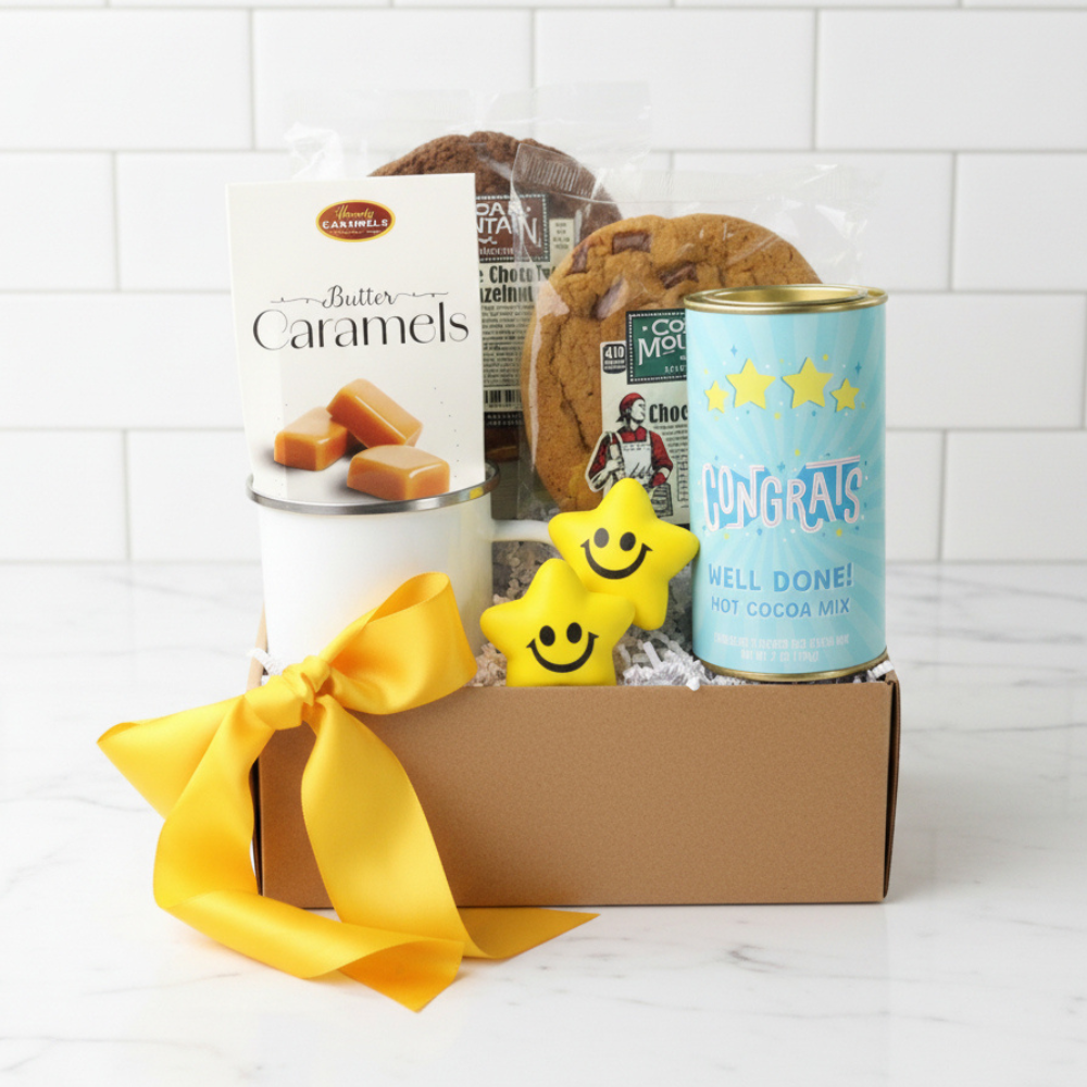 Congrats Cocoa gift box with cookies, caramels and enamel mug
