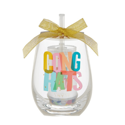 Congrats Wine Glass and party Popper gift set.  Wine glass says "congrats" and the popper come with the glass and has a bow.