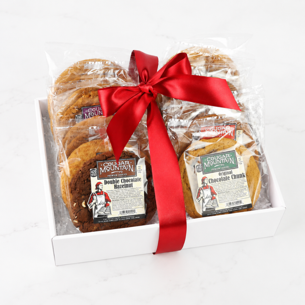 Fresh soft baked cougar mountain gift box with cookies come in chocolate chunk, snickerdoodle, oatmeal raisin, chocolate hazelnut, molasses and peanut butter.
