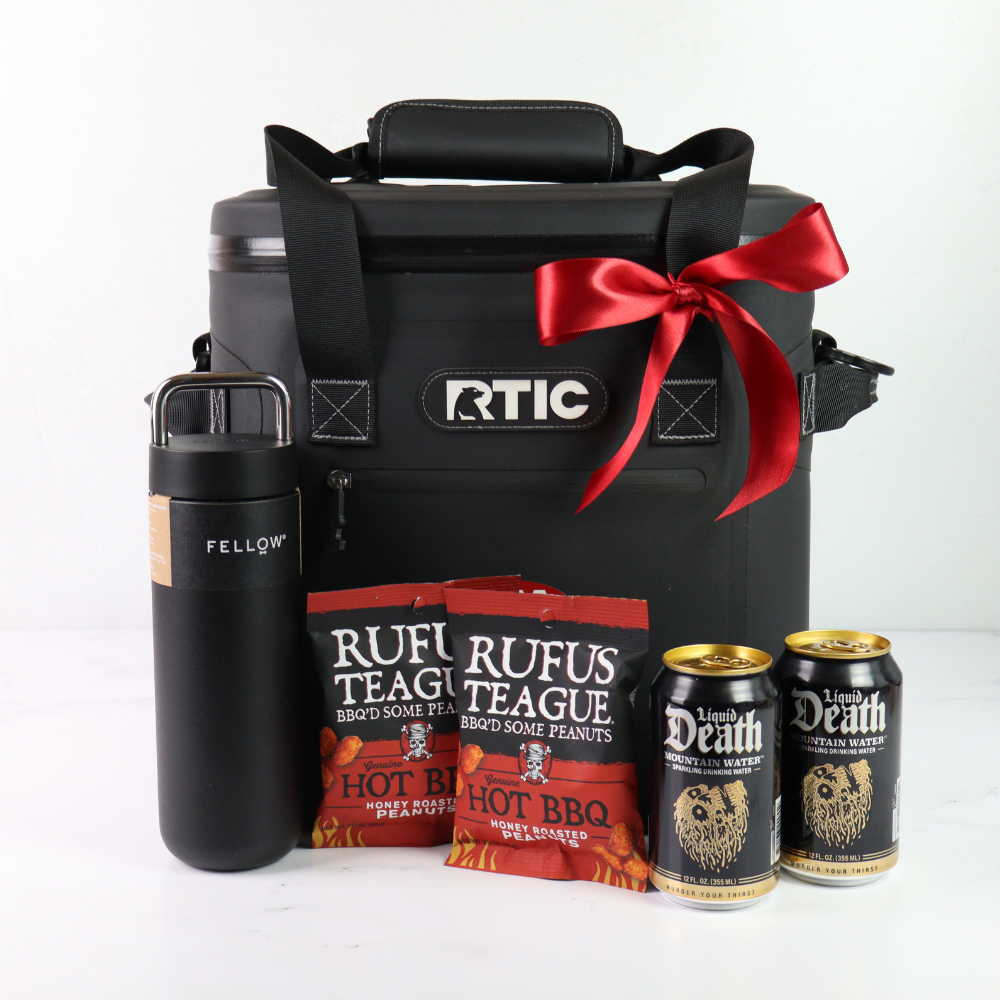 Construction company employee appreciation gift with rugged cooler, gourmet popcorn, spicy nuts and Liquid Death drinks